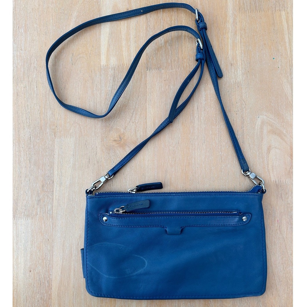 Bimba y Lola Blue Leather Crossbody Bag Silver Hardware Zip Clutch Bright